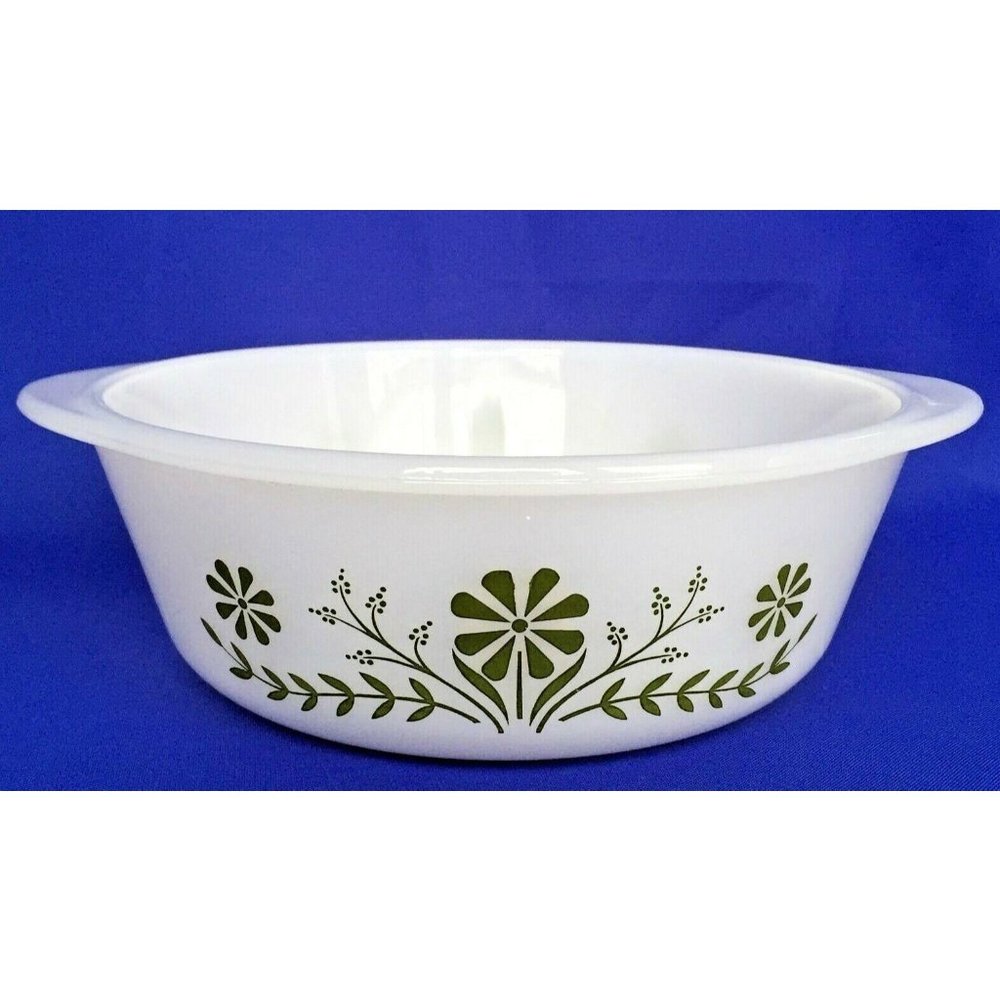 Glasbake Green Daisy White Casserole Dish 1 1/2 QT Flowers Round Baking Vintage